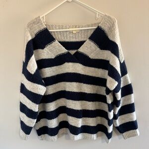 Elan Navy and Gray Striped V-Neck Sweater